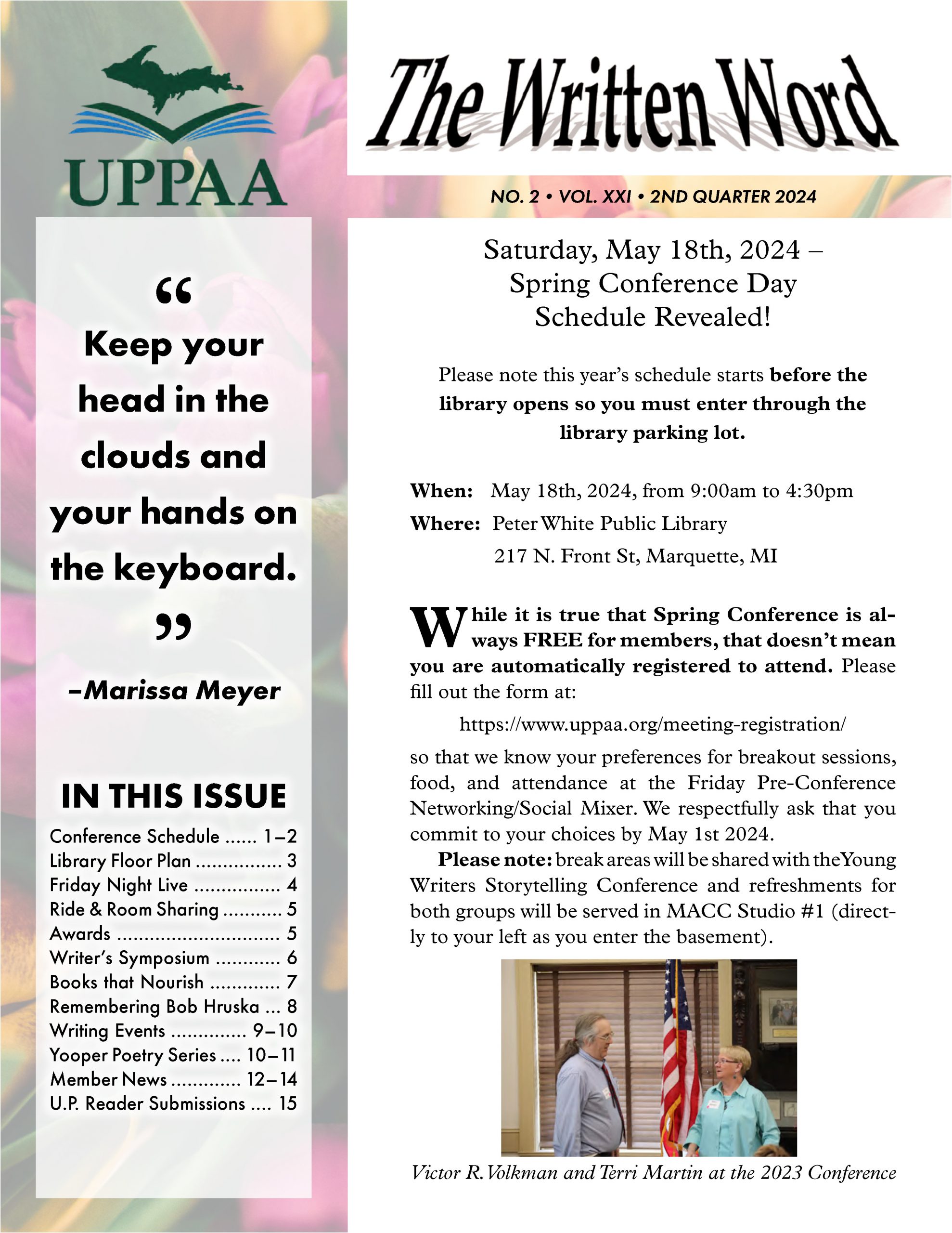 UPPAA Newsletter titled "the written word" by uppa for q2 2023, featuring conference details, library schedule updates, and contents list including various articles and membership information.
