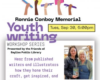 UPPAA Flyer for the Ronnie Conboy Memorial Youth Writing Workshop Series at Bayliss Public Library, Sep 30 at 6:00 pm, with a photo of Sue Harrison holding a book. Registration required. Call 906-632-9331.