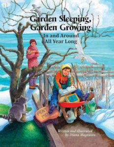 UPPAA An illustrated book cover shows a child sitting on a bench in winter, reading and writing in a notebook, with gardening tools and a peat moss bag nearby. Another child stands behind, and a cat sleeps at the bottom left.
