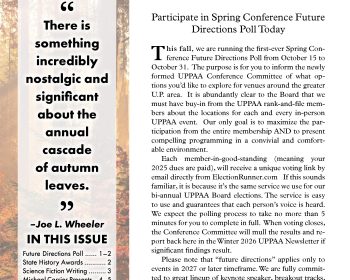 UPPAA A newsletter cover displaying the Upper Peninsula Publishers & Authors Association (UPPAA) logo, a quote from Joe L. Wheeler, article titles, and a main story about an upcoming conference poll.