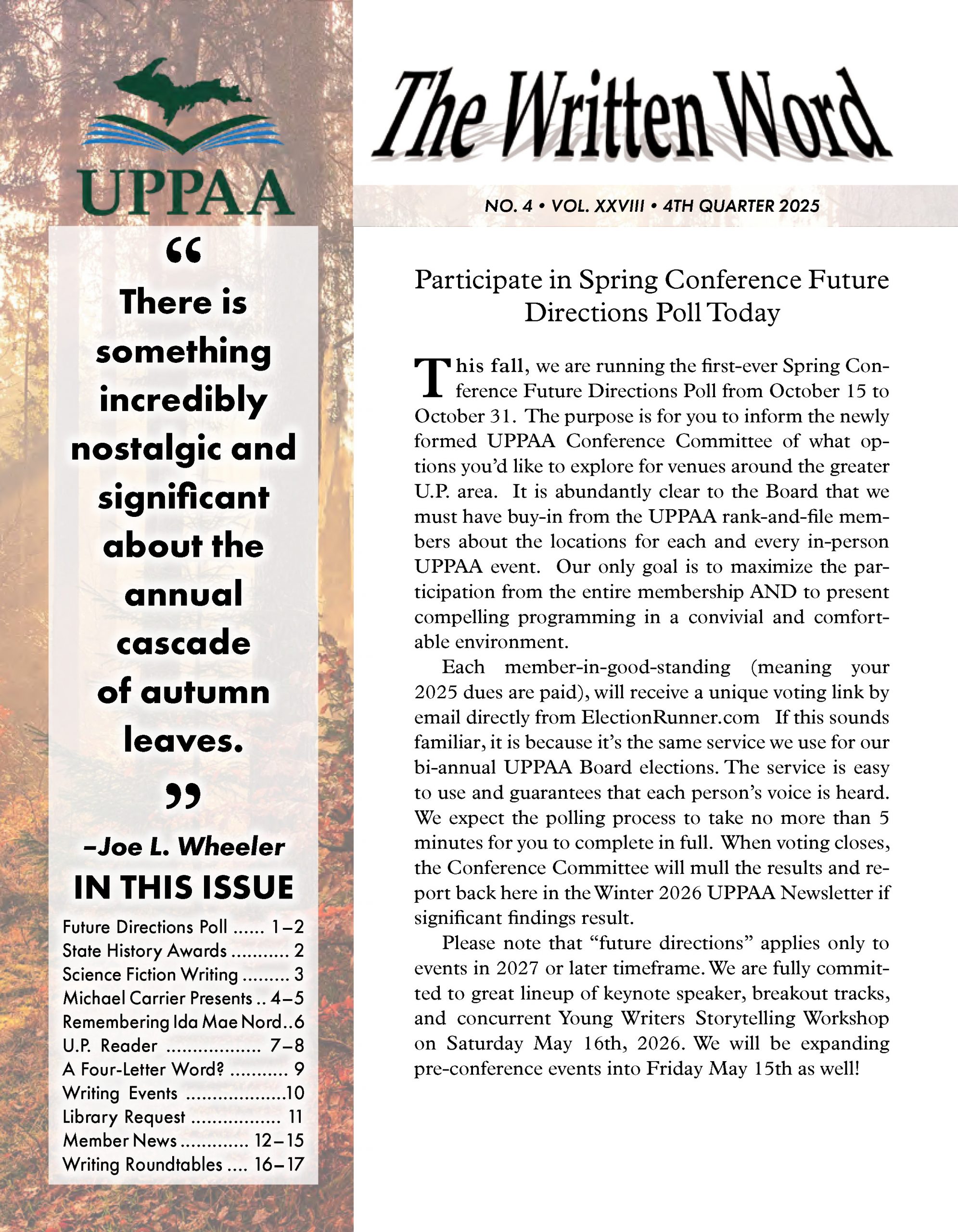 UPPAA A newsletter cover displaying the Upper Peninsula Publishers & Authors Association (UPPAA) logo, a quote from Joe L. Wheeler, article titles, and a main story about an upcoming conference poll.