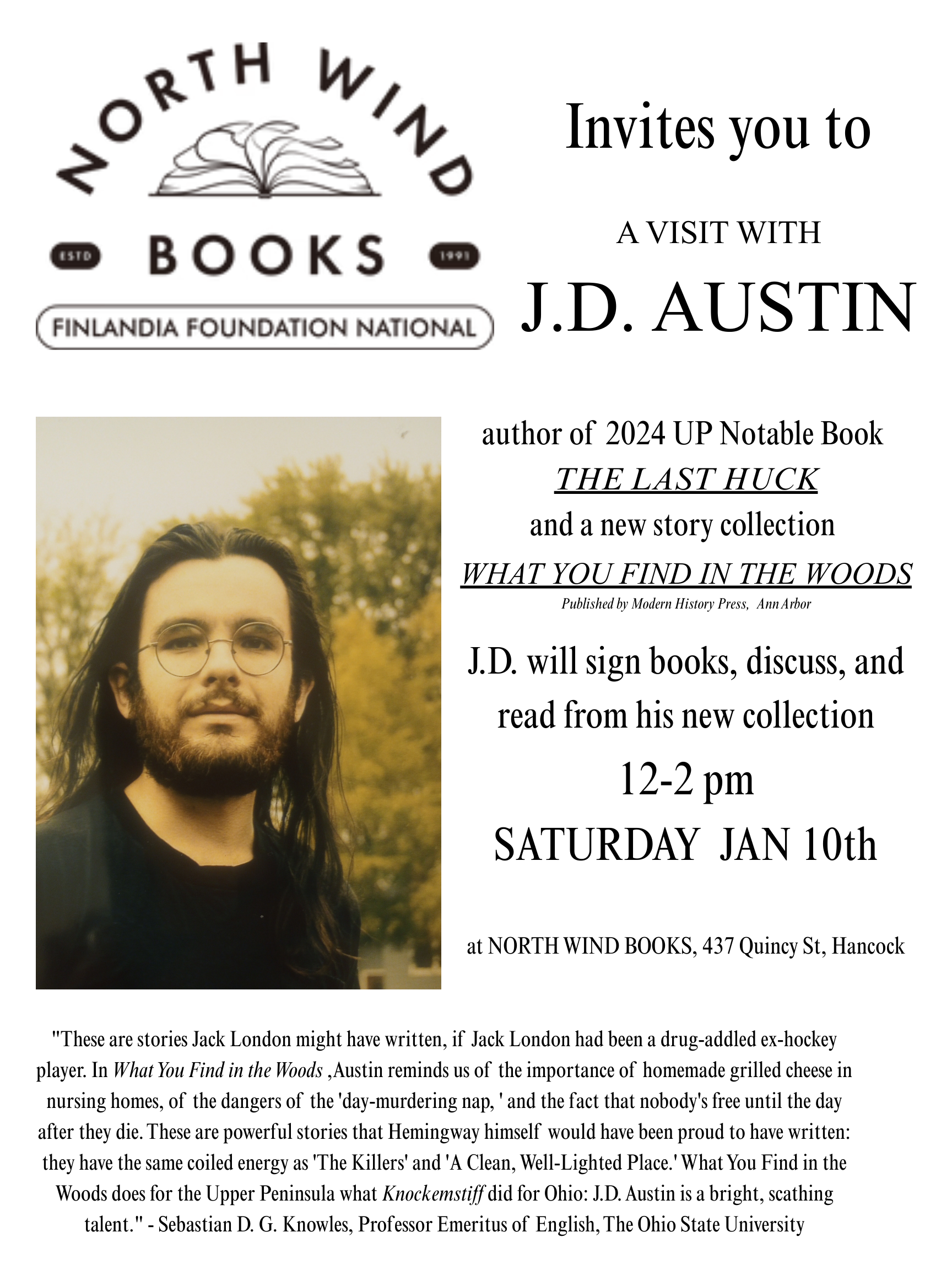 UPPAA Event flyer for North Wind Books featuring a black and white photo of J.D. Austin and event details: author visit, discussion, and reading on Saturday, Jan 10th, 12-2 pm. Includes book titles and a review quote.