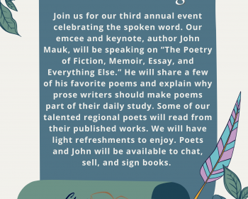 UPPAA A poster for "The Bards of Northern Michigan" event at Charlevoix Public Library, detailing a poetry reading and book signing with author John Mauk on Tuesday, April 21st at 6pm in the Community Room.