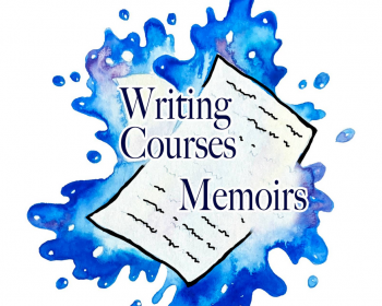 UPPAA A watercolor illustration of two handwritten sheets of paper over a blue paint splash, with the words "Writing Courses Memoirs" in large text over the image.