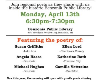 UPPAA Event flyer for "Poetry Potpourri: An Evening of Poetry and Prose" on Monday, April 13th, 6:30–7:30 pm at Benzonia Public Library, listing featured poets and event details in black, red, and green text.