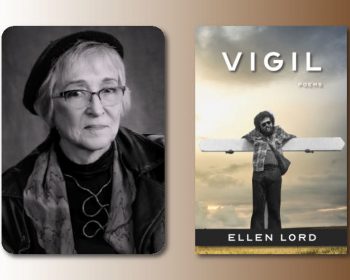 UPPAA Black and white portrait of an older woman wearing glasses, a beret, and a scarf next to a book cover titled "Vigil" by Ellen Lord, featuring a person outdoors holding a large wooden cross.