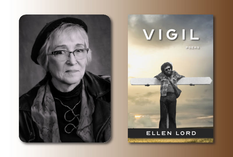 UPPAA Black and white portrait of an older woman wearing glasses, a beret, and a scarf next to a book cover titled "Vigil" by Ellen Lord, featuring a person outdoors holding a large wooden cross.