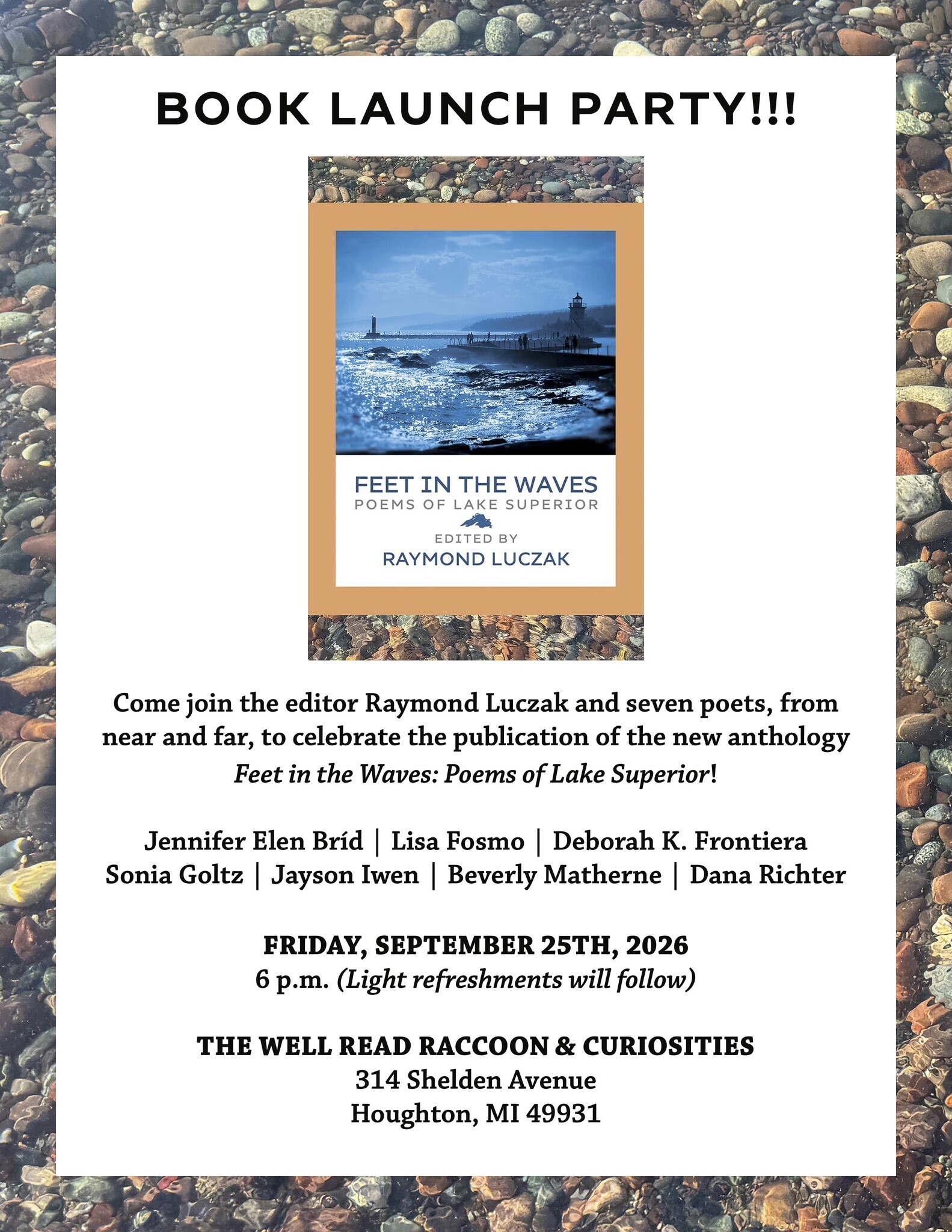 UPPAA A flyer for a book launch party with details about “Feet in the Waves: Poems of Lake Superior,” including event date, time, venue, and a list of participating poets. A book cover with a lake scene is pictured at the top.
