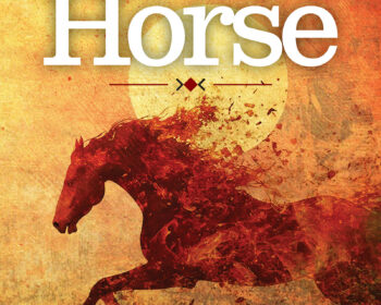 UPPAA A red silhouette of a running horse is set against a textured orange and yellow background with a large sun. The title “Straw Horse” appears in large white text above the horse. The author’s name, Terri Martin, is at the bottom.