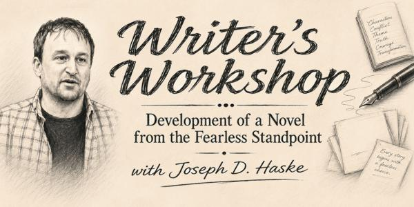 UPPAA A flyer for “Writer’s Workshop: Development of a Novel from the Fearless Standpoint with Joseph D. Haske” features a drawing of a man, a pen, and notebooks on a beige background.