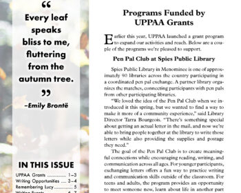 UPPAA The front page of The Written Word newsletter, featuring a quote by Emily Brontë, a table of contents, and an article about a Pen Pal Club program funded by UPPAA grants.