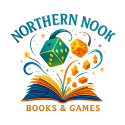 UPPAA Logo for Northern Nook Books & Games featuring an open book with dice and stars rising from the pages.